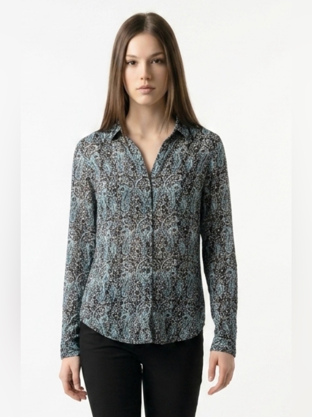 PAIGE Women's Paisley Button-Down Sheer Sleeves V-Neck Long Sleeve Blouse